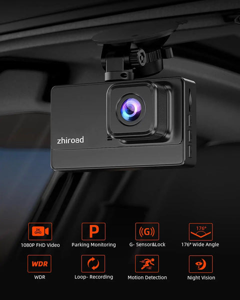 1080P FHD Car Dash Cam With 176 Degree Wide Angle Night Vision Parking Monitor Loop Recording G Sensor 32GB SD Card Type C 3 Inch IPS Display Crystal Clear Front Camera mounted inside a vehicle.
