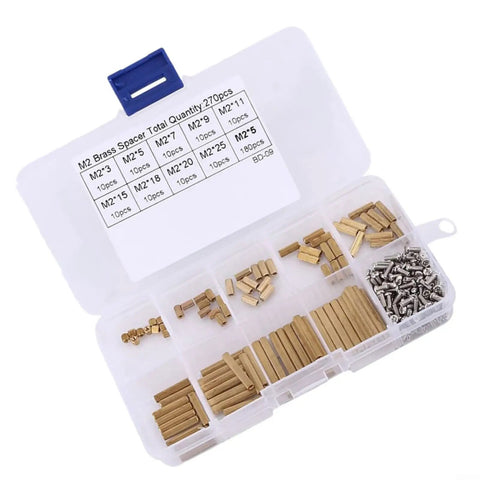 270 Piece M2 Brass Standoff And Nut Assortment Kit For Electronics PC Builds And Robotics With Rust Resistant Brass Threads For Easy Precise Mounting And Height Adjustment, open organizer case with brass spacers and screws