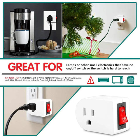 Collage showing the use of Grounded Wall Tap Outlet Adapter 4 Pack With Red Indicator On Off Switch ETL Listed for various devices
