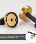 Close-up of black and gold corrosion-resistant bathroom hardware from "Get Your Hands On This Black And Gold Bathroom Hardware Set That Comes With Two Sixteen Inch Towel Bars Two Toilet Paper Holders Two Towel Rings And Four Robe Hooks Making It A Full Ten Piece Kit Ideal For Any Modern Or Classic Bathroom Setup."