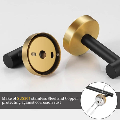 Close-up of black and gold corrosion-resistant bathroom hardware from "Get Your Hands On This Black And Gold Bathroom Hardware Set That Comes With Two Sixteen Inch Towel Bars Two Toilet Paper Holders Two Towel Rings And Four Robe Hooks Making It A Full Ten Piece Kit Ideal For Any Modern Or Classic Bathroom Setup."