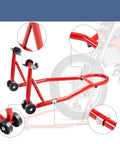 Heavy-Duty Front And Rear Paddock Stand Set With 850 Lb Capacity Bike Lift Wheel Stands, close-up view on red frame and wheels.