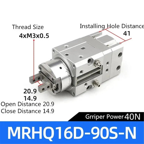 Heavy Duty Pneumatic Cylinder Angular Rotary Actuator Air Gripper Built Like A Tank Runs Slick For Smooth Factory Work Solid Workhorse Component MRHQ16D 90S N One Pack showing dimensions and thread sizes.