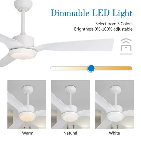 52 Inch White Ceiling Fan With Light And Remote Energy Efficient 120V DC Motor Dimmable LED Light Six Speeds Quiet Operation