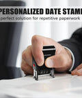 Custom Self Inking Date Stamp With Signature Business Document Marking Tool For Fast One Line Personalized Notes being used in an office.