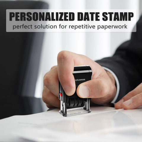 Custom Self Inking Date Stamp With Signature Business Document Marking Tool For Fast One Line Personalized Notes being used in an office.