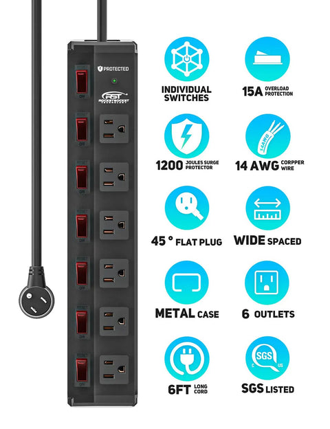 Beefy Heavy Duty Metal Power Strip With Individual On Off Switches, Extra Wide 1.77 Inch Spacing, Six Outlets, 1200J Surge Protector