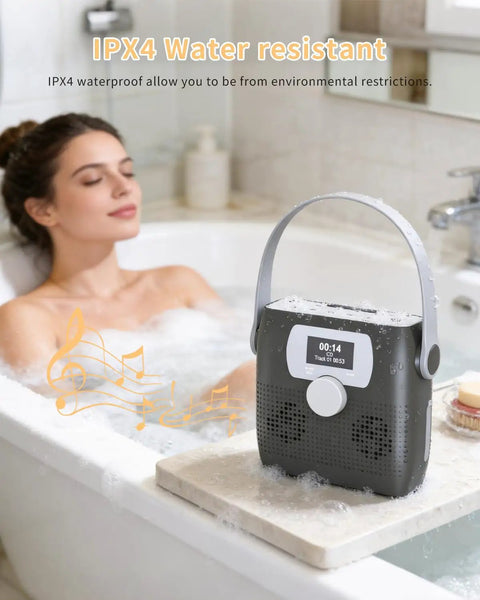 Portable CD Player With Bluetooth Boombox And Built In FM Radio for Camping and Travel, waterproof on bathtub edge, dark gray