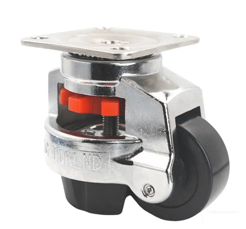 Rugged Stainless Steel Leveling Casters With Smooth Rolling Retractable Swivel Wheels 1100 Lbs Capacity Set Of 4 close-up view showing locking mechanism and 2-inch wheel.