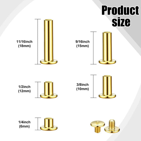 80 Sets Chicago Screw Leather Kit For DIY Crafts, assorted gold finish binding screws, six sizes from 1/4in to 11/16in shown.