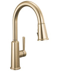 Modern Single Hole Kitchen Faucet With Slick Pull Down Sprayer Brushed Gold Finish, featuring ergonomic design and smooth handle.
