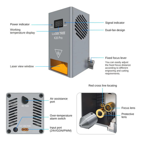 Real 20W Diode Laser Module For DIY Laser Engraver Cutter showing dual-fan design and focus lever with cooling features
