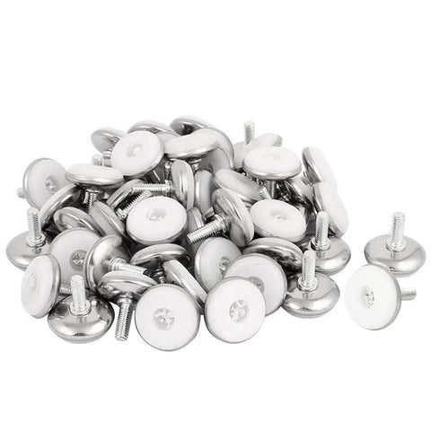 30 Piece Adjustable Furniture Leveler Pads to Kick the Wobble Out of Your Tables and Dressers with Scratch Proof Plastic Discs and No Stress M6 Threads for a Sweet Home Setup in silver and white materials.