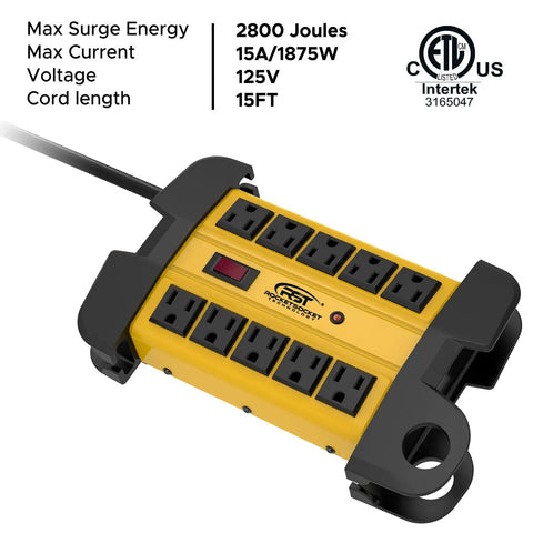 Heavy Duty 10 Outlet Power Strip With Beefy Metal Housing, 15 Amp, 125V, 15 Ft Cord, 2800 Joules Surge Protection, ETL Listed
