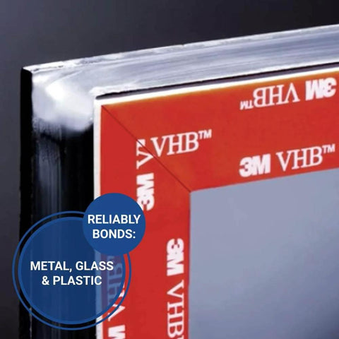 Close-up of VHB 5915 Permanent Bonding Conformable Black Double-Sided Acrylic Tape applied to metal edge, showcasing bonding strength.
