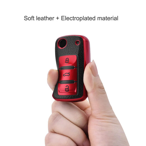 Person holding Volkswagen Key Fob Cover Premium Soft TPU 361 Degree Full Protection Anti Drop Anti Scratch Case with red leather finish