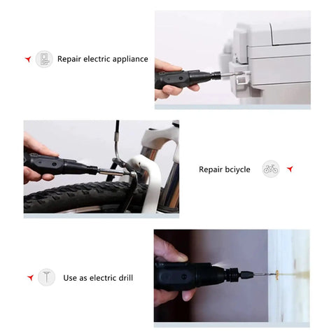 Compact 3.6V Cordless Electric Screwdriver With LED Light and USB C Charging in use for appliance, bicycle, and drilling.