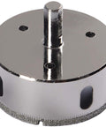 Front view of Drilax 2-3/4in diamond hole saw with 1-1/8in cut depth and 3/8in shank, chrome finish, Amazon brand