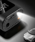 Slick Wireless Rechargeable Car Air Compressor Fast Tire Inflator With Easy Digital Display Auto Shutoff showing USB and light features.