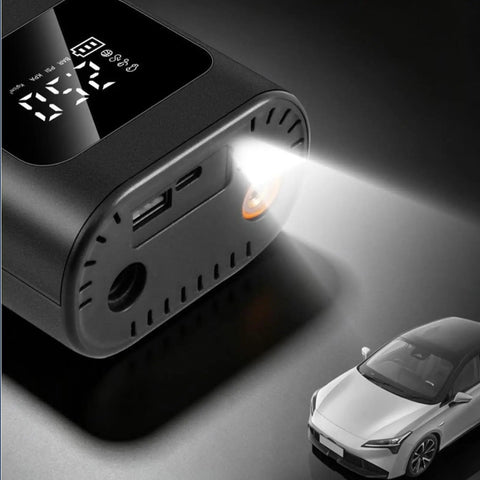 Slick Wireless Rechargeable Car Air Compressor Fast Tire Inflator With Easy Digital Display Auto Shutoff showing USB and light features.
