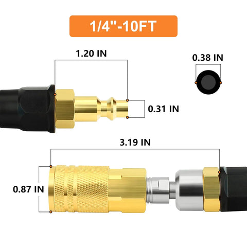 Coiled One Quarter Inch Ten Feet Reinforced Polyurethane Air Hose with dimensions and connectors detailed