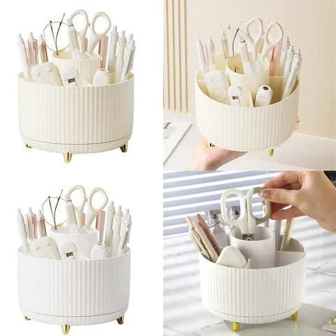 Rotating Desk Organizer With Six Compartments For Pens, Markers, Art Supplies And Makeup Tools, 360 Degree Spin Office Storage That Keeps Desk Clutter Under Control, Great For Home Office, Dorm, Nightstand Or Dresser; white plastic