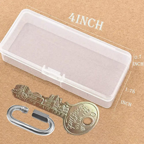 Clear plastic storage box with detailed measurements next to chain link from Heavy Duty 5/32 Inch 304 Stainless Steel Quick Link Set