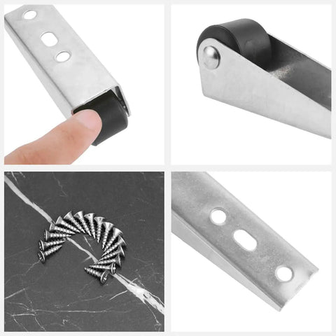 Heavy Duty Vertical Track Roller Wheels For Sliding Door Sagging Support Rock Solid Carbon Steel Build with black wheels and mounting screws.