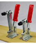 Heavy Duty Horizontal Toggle Clamp Metal Plunger Push Pull Fixture For Welding And Garage Builds with angled red handles.