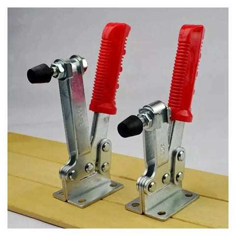 Heavy Duty Horizontal Toggle Clamp Metal Plunger Push Pull Fixture For Welding And Garage Builds with angled red handles.
