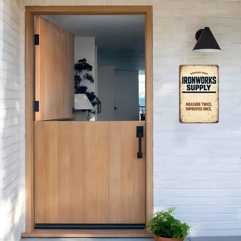 Industrial Aluminum Metal Sign 8x12 Inches Durable Wall Decor for Workshop Shop Garage and Home Shatterproof and Bend Resistant Aluminum Signage That Withstands Everyday Bumps on white brick wall