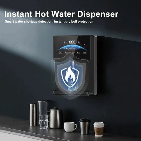 Wall Mounted Office Water Cooler With Instant Hot Water Dispenser On Demand on black wall with dry boil protection icon
