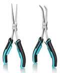 Long Reach 7 Inch Needle Nose Pliers Set, Two Piece Bent Nose And Straight Nose Pliers, Drop Forged Carbon Steel, Heat Treated, Nickel Plated, Anti Rust Oil Protected, Built Tough For Precision Work; straight and bent nose