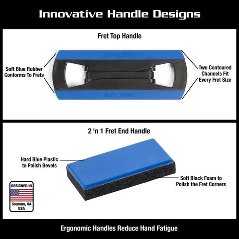 Pro Guitar Fret Leveling Kit With Beam, Crowning File And Polish Set showing ergonomic fret handles with blue rubber and black foam.