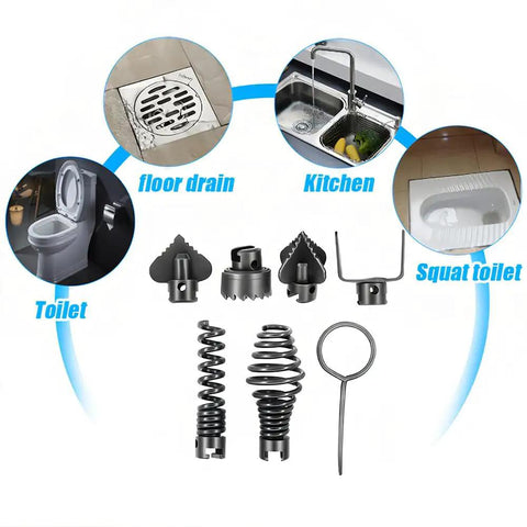 Image of heavy duty electric drain cleaner cutter head kit parts for various drains including floor, kitchen, and toilets, designed to slash your plumbers bill.