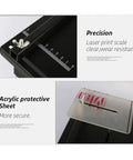 Precision laser print scale on Rock Solid 24V Micro Table Saw; acrylic protective sheet for secure cuts and detailed woodworking.
