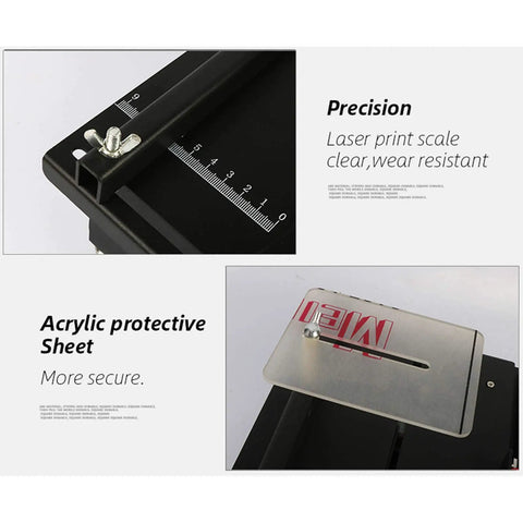 Precision laser print scale on Rock Solid 24V Micro Table Saw; acrylic protective sheet for secure cuts and detailed woodworking.