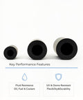 Three black silicone vacuum hoses in different sizes, highlighting fluid and UV resistance features, Silicone Vacuum Hose Kit 4mm ID 5 32 Inch Vacuum Tubing, 150 PSI Max, Ultra High Temp, 5ft Length For Automotive Turbo Engine And Air Intake, Perfect For Boost Controller Plumbing And Single Line Replacement.
