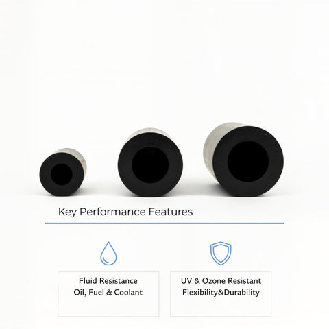 Three black silicone vacuum hoses in different sizes, highlighting fluid and UV resistance features, Silicone Vacuum Hose Kit 4mm ID 5 32 Inch Vacuum Tubing, 150 PSI Max, Ultra High Temp, 5ft Length For Automotive Turbo Engine And Air Intake, Perfect For Boost Controller Plumbing And Single Line Replacement.