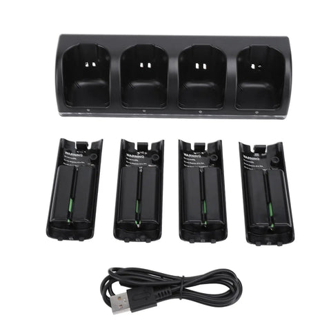 Four Remote Controller Charger Dock With 2800mAh Rechargeable Batteries, black dock with four slots and USB cable, flat lay view.
