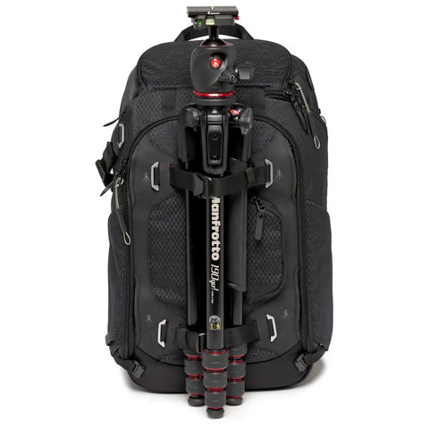 Pro Photo Backpack For Camera Gear Loadout With Four Access Points Front And Side Entry Triple Mode Interior Interchangeable Dividers Tripod Attachments Pro Grade Build M Guard Protection Black with attached tripod