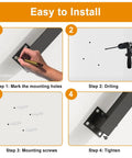 Installation steps for Built Like A Tank Black Wrought Iron Stair Railing Kit showing marking, drilling, and tightening screws.