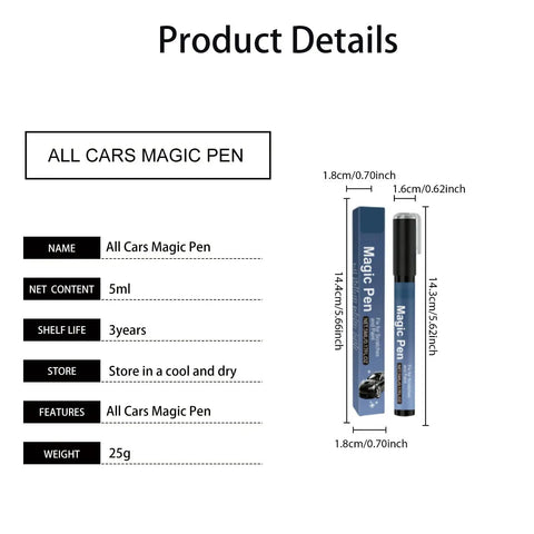 Product details image of All Colors Car Scratch Repair Pen Easy Touch Up For Light Scratches And Chips Universal Paint Match Handy Portable Auto Scratch Remover For Vehicles Safe On Clear Coat Quick DIY Car Body Repair Tool, showing size specifications and features.