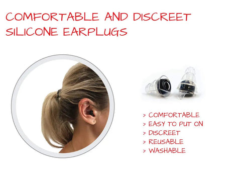 High Fidelity Concert Ear Plugs Reusable Noise Reduction Set With Two Sizes Included NRR 19dB, woman inserting plug
