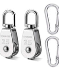Heavy Duty Stainless Steel M25 Single Pulley Block Set With Spring Snap Hook For Lifting And Rigging, One Inch Sheave Pulley Wheel, Swivel Snatch Pulley Block, 330 Lbs Load Capacity, Anti Rust And Wear Resistant, 2 Pack, stainless steel 25 pulleys and snap hooks