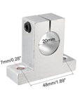 Side view of 4 Pieces SK20 Aluminum Linear Rail Shaft Support with 20mm diameter, lightweight aluminum, 7mm mounting holes.