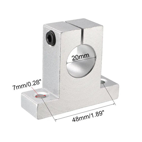 Side view of 4 Pieces SK20 Aluminum Linear Rail Shaft Support with 20mm diameter, lightweight aluminum, 7mm mounting holes.