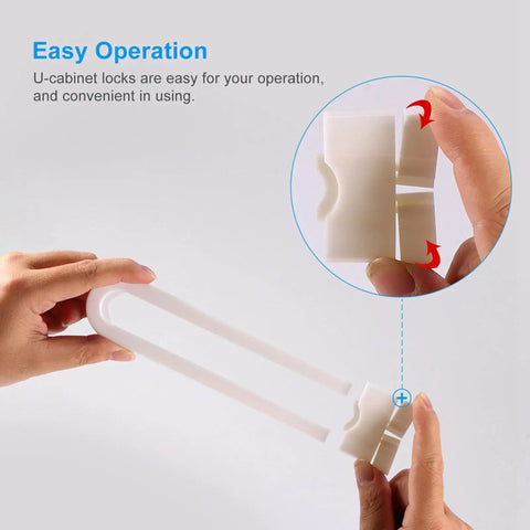 Hands demonstrating U Shape Cabinet Door Locks For Kid Proofing Double Doors Simple Install Child Safety Latches ABS material