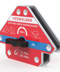 YesWelder switchable arrow welding magnet; red housing, blue on/off bar, and black knob