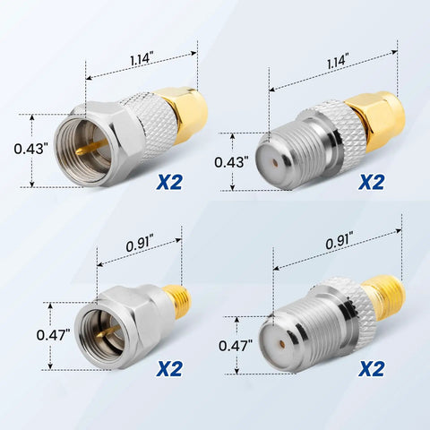 Dimensions of 8 Pack F Type to SMA Coax Adapters Gold Plated Brass RF Connectors, 50 Ohm Precision Matching for WiFi Routers and Antennas